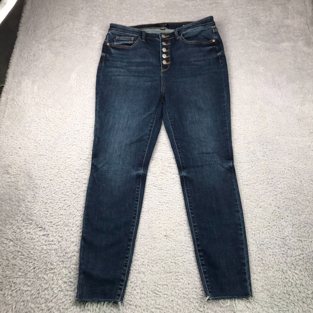Judy Blue Jeans Womens 15/32 (34x27) Indigo Button Fly Skinny Raw‎ Hem Stretch